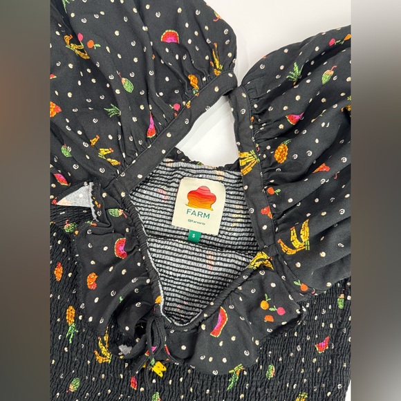 FARM RIO Dress Mini Tiny Fruits Smocked Puff Sleeve Ruffle Sz S Black Multicolor - Picture 7 of 9